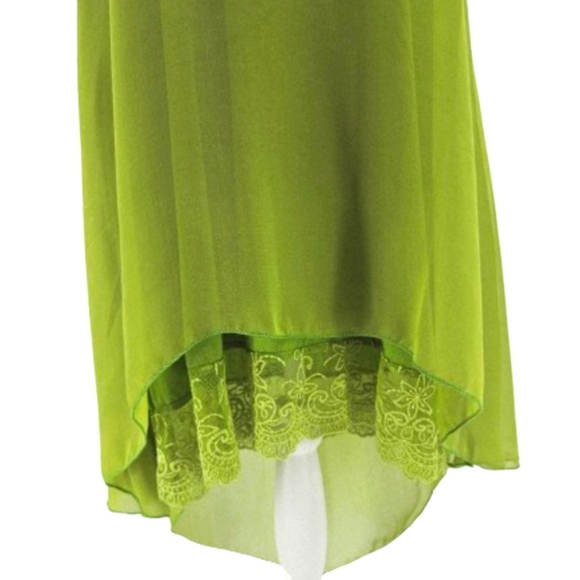 Vibrant Green Sheer Silk Layered Sleeveless High Low Lace Trim Dress - Picture 4 of 9
